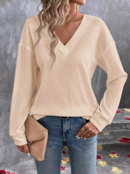 Plus Size V-Neck Long Sleeve Waffle Knit T-Shirt-Nordavory