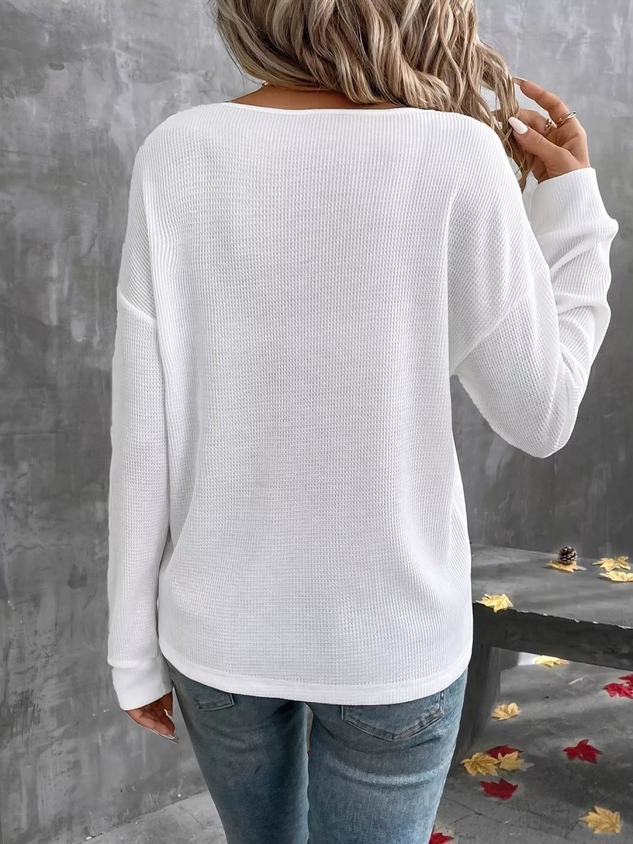 Plus Size V-Neck Long Sleeve Waffle Knit T-Shirt-Nordavory
