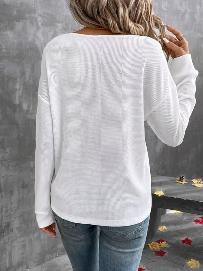 Plus Size V-Neck Long Sleeve Waffle Knit T-Shirt-Nordavory
