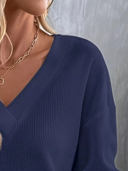 Plus Size V-Neck Long Sleeve Waffle Knit T-Shirt-Nordavory