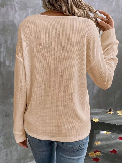 Plus Size V-Neck Long Sleeve Waffle Knit T-Shirt-Nordavory