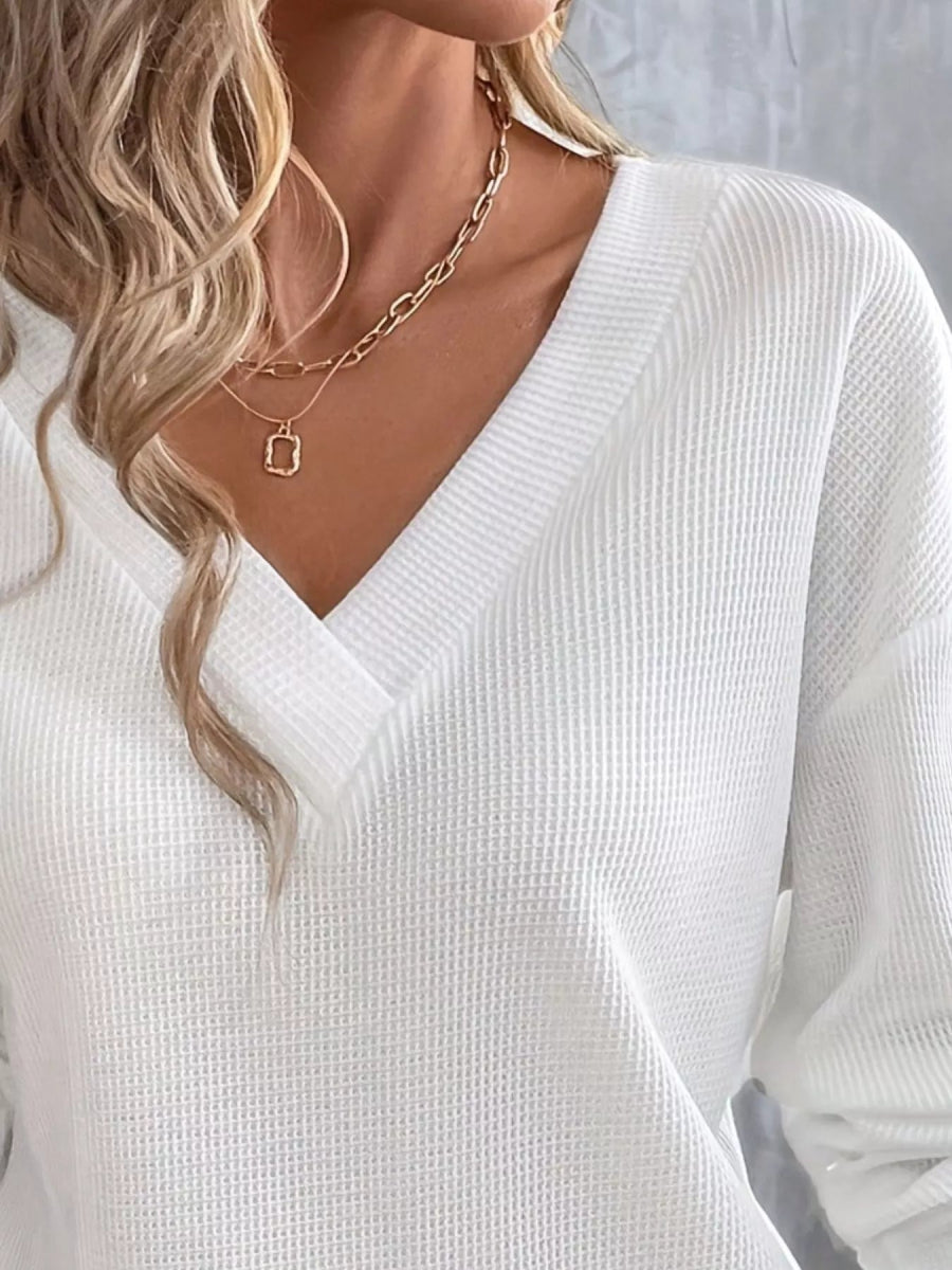 Plus Size V-Neck Long Sleeve Waffle Knit T-Shirt-Nordavory