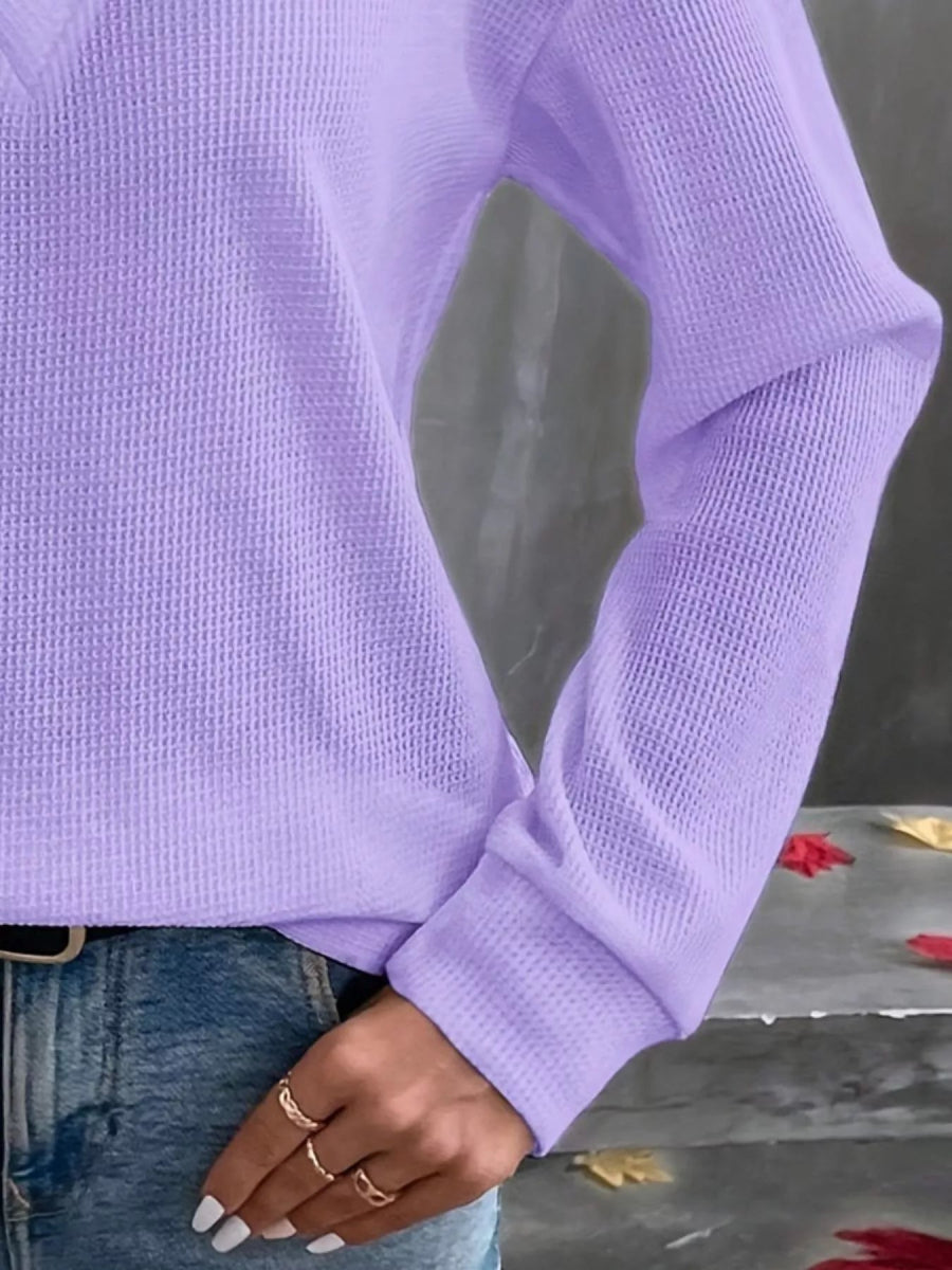 Plus Size V-Neck Long Sleeve Waffle Knit T-Shirt-Nordavory