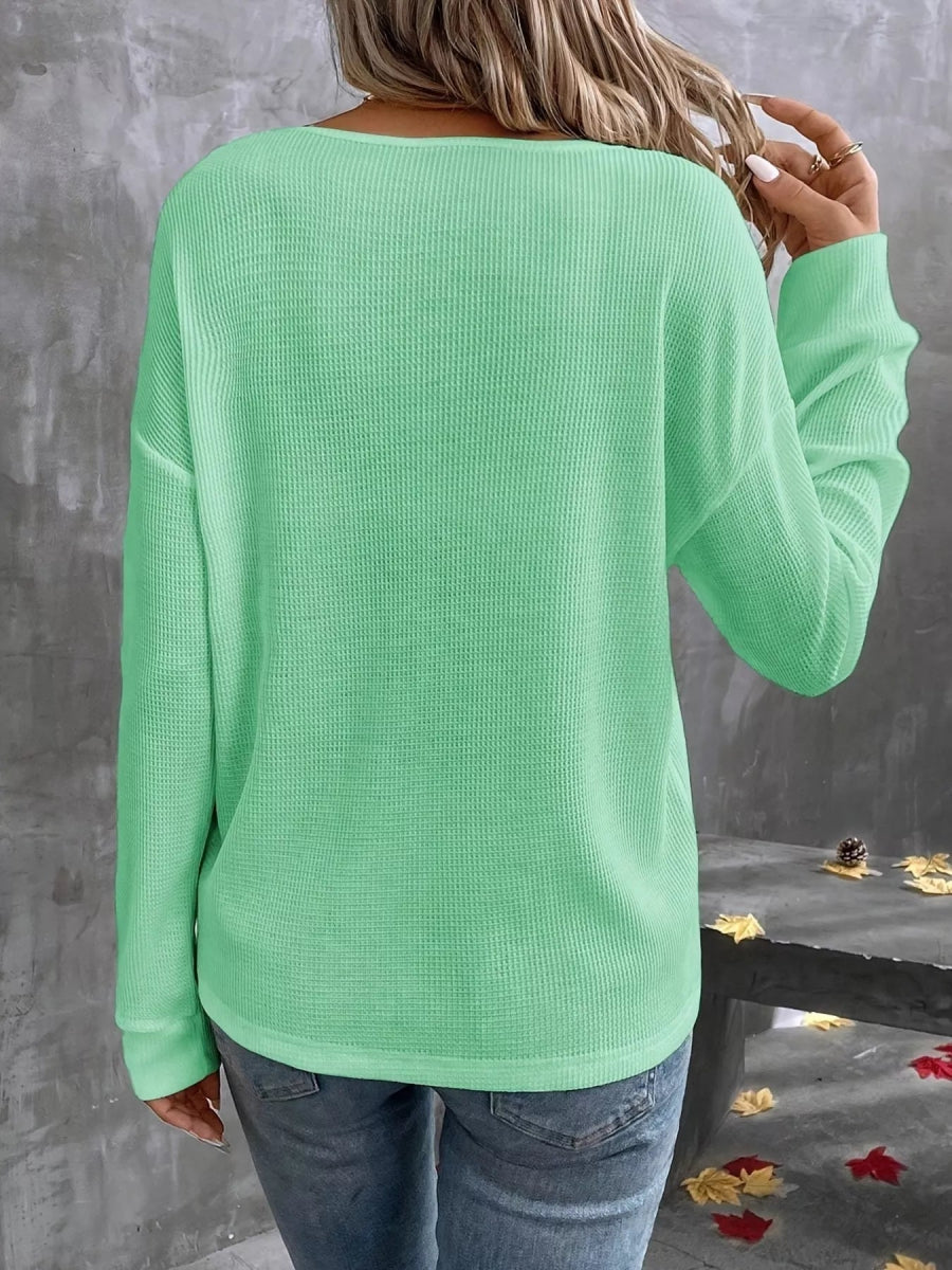 Plus Size V-Neck Long Sleeve Waffle Knit T-Shirt-Nordavory