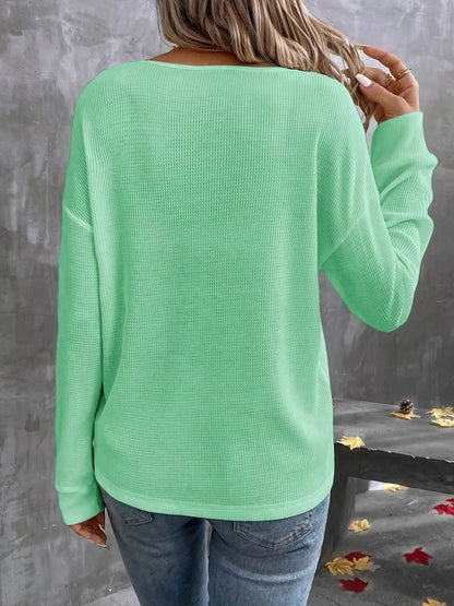 Plus Size V-Neck Long Sleeve Waffle Knit T-Shirt-Nordavory