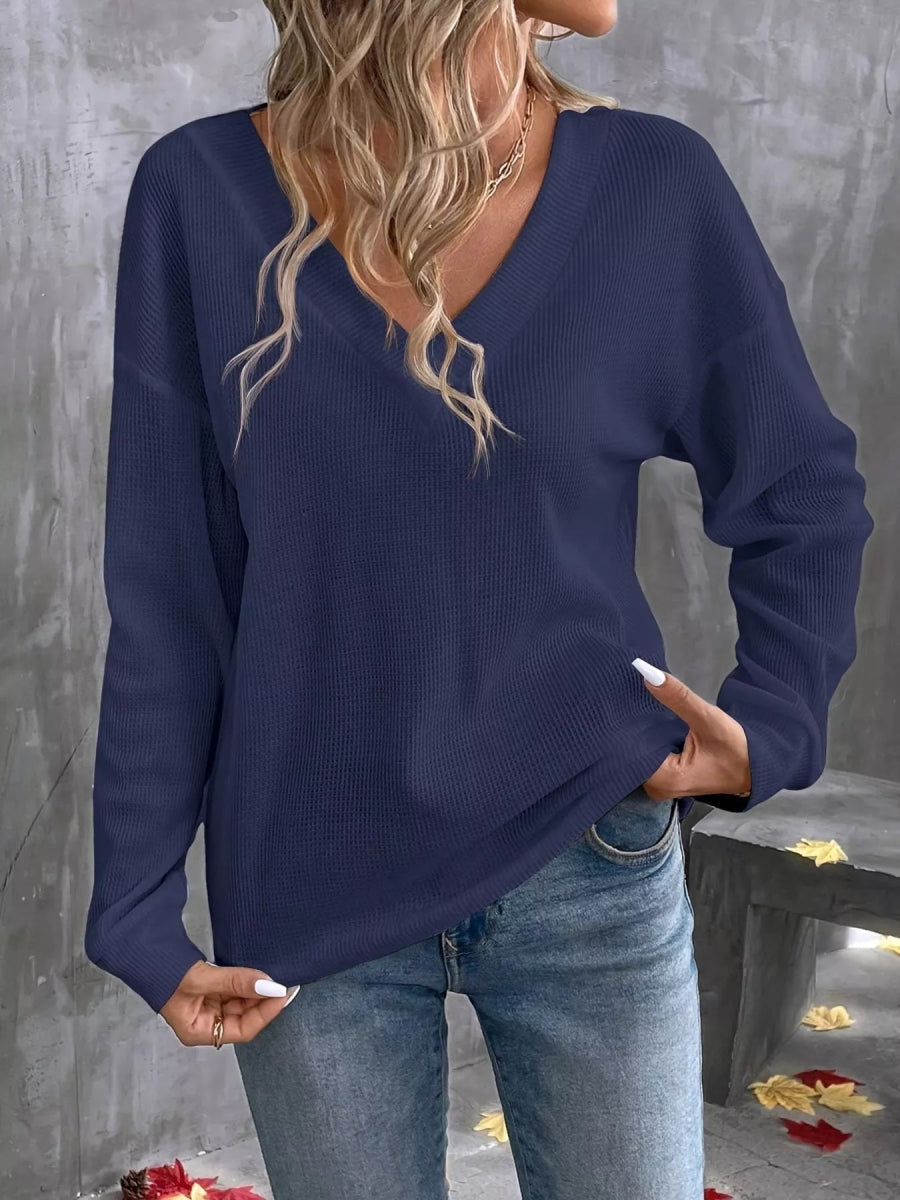 Plus Size V-Neck Long Sleeve Waffle Knit T-Shirt-Nordavory
