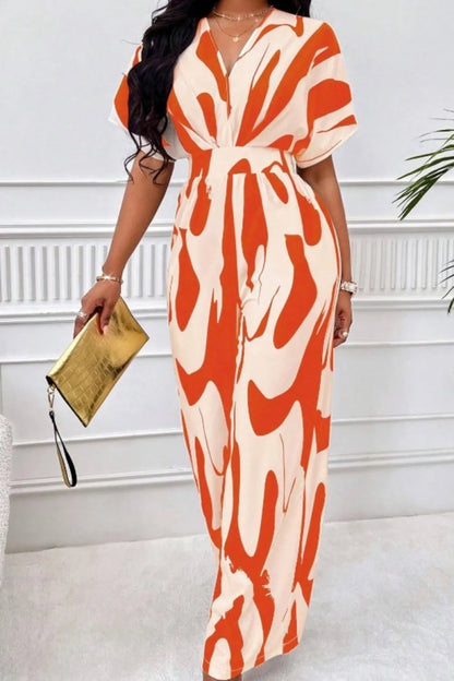 Printed V-Neck Short Sleeve Wide Leg Jumpsuit-Nordavory