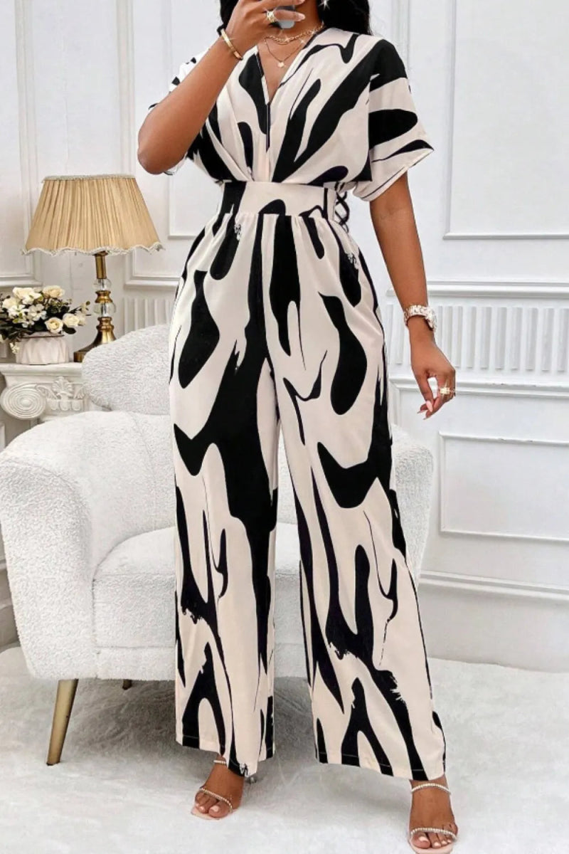 Printed V-Neck Short Sleeve Wide Leg Jumpsuit-Nordavory