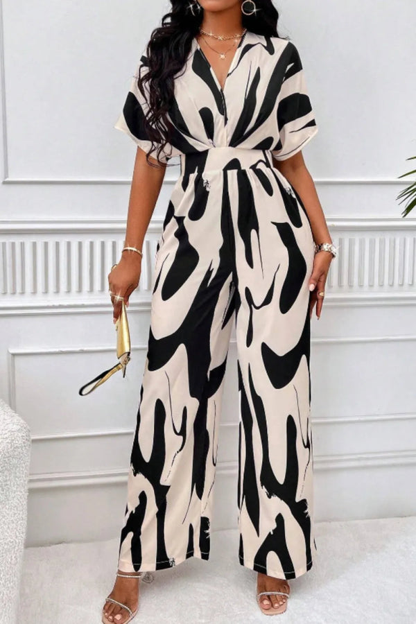 Printed V-Neck Short Sleeve Wide Leg Jumpsuit-Nordavory