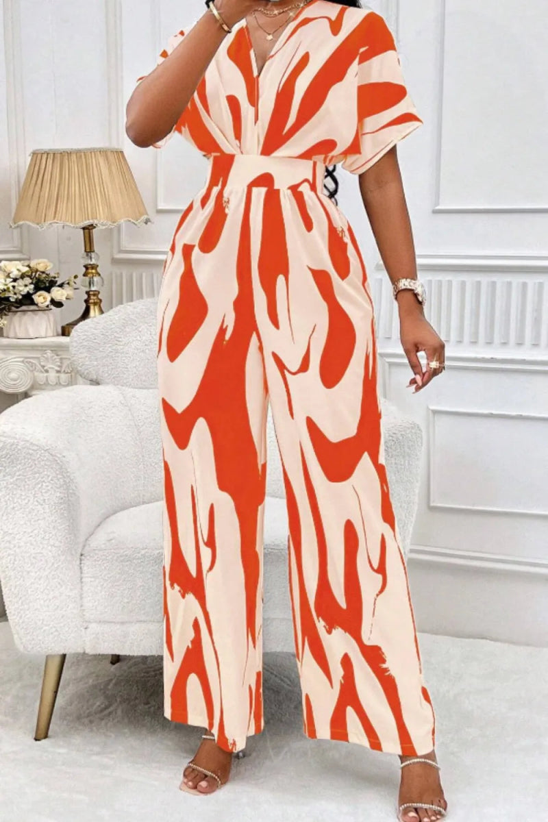 Printed V-Neck Short Sleeve Wide Leg Jumpsuit-Nordavory