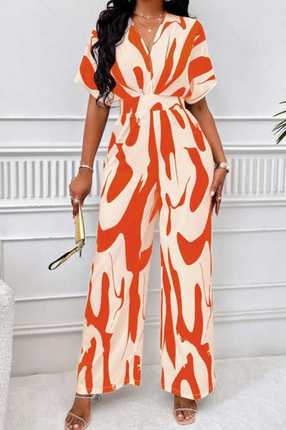 Printed V-Neck Short Sleeve Wide Leg Jumpsuit-Nordavory
