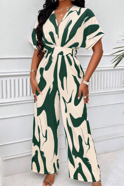 Printed V-Neck Short Sleeve Wide Leg Jumpsuit-Nordavory
