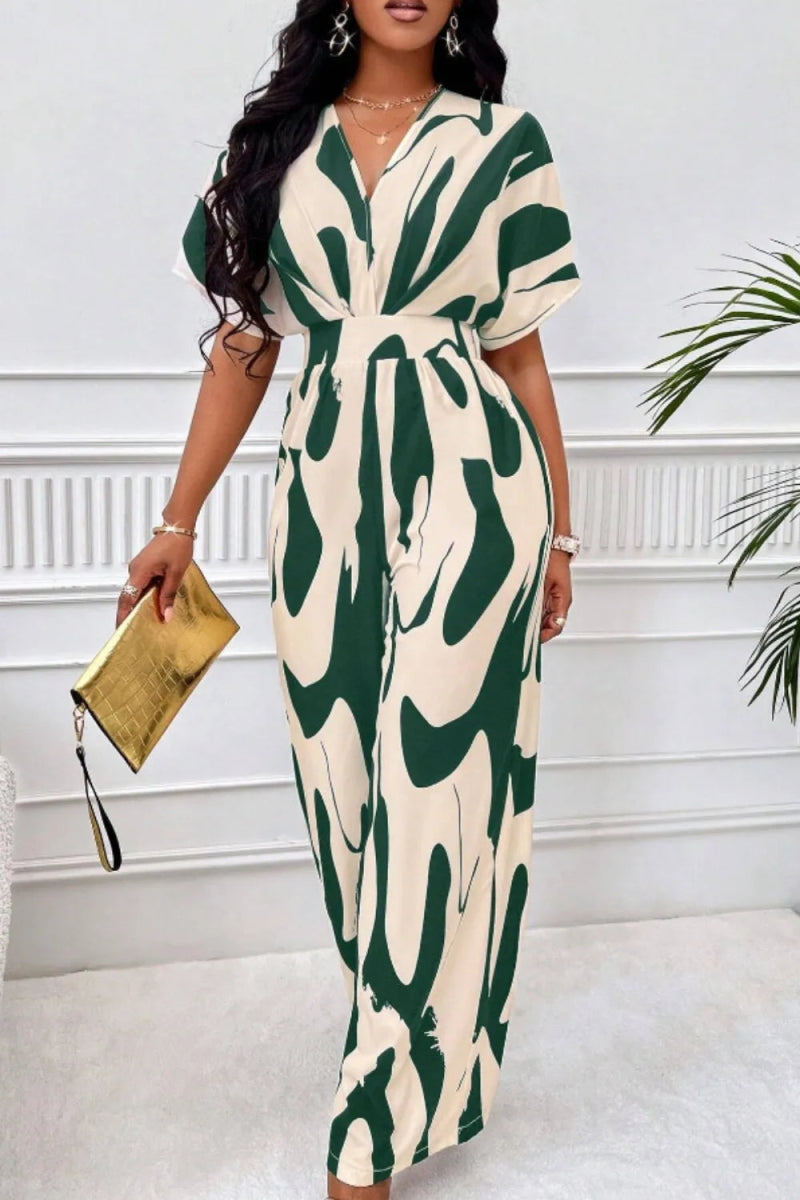 Printed V-Neck Short Sleeve Wide Leg Jumpsuit-Nordavory