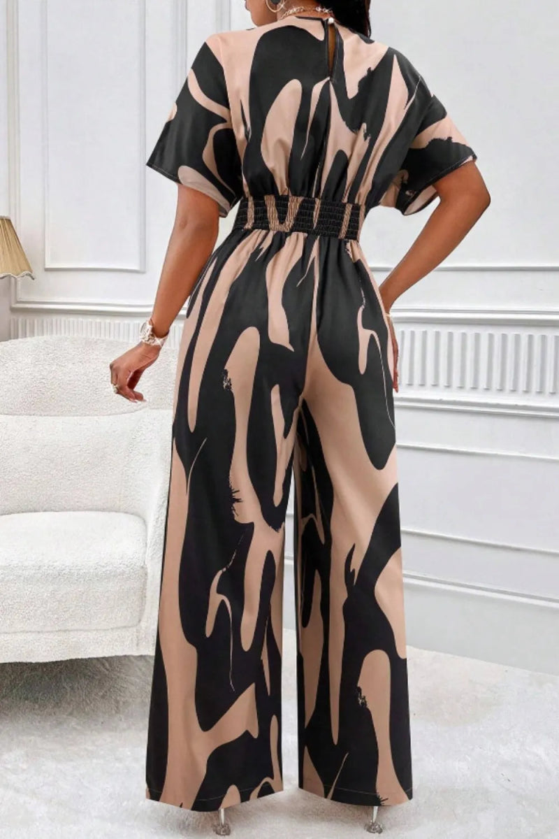 Printed V-Neck Short Sleeve Wide Leg Jumpsuit-Nordavory