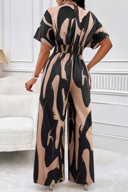 Printed V-Neck Short Sleeve Wide Leg Jumpsuit-Nordavory