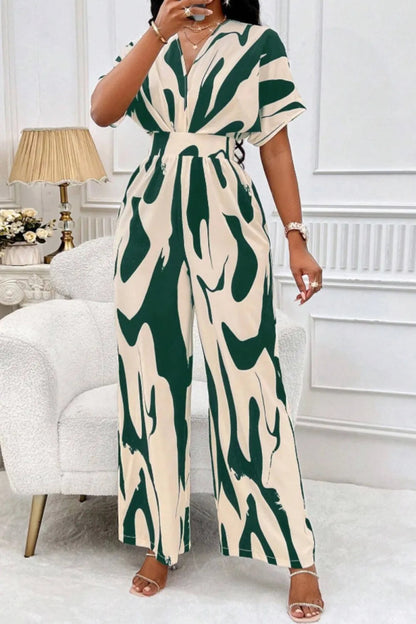 Printed V-Neck Short Sleeve Wide Leg Jumpsuit-Nordavory