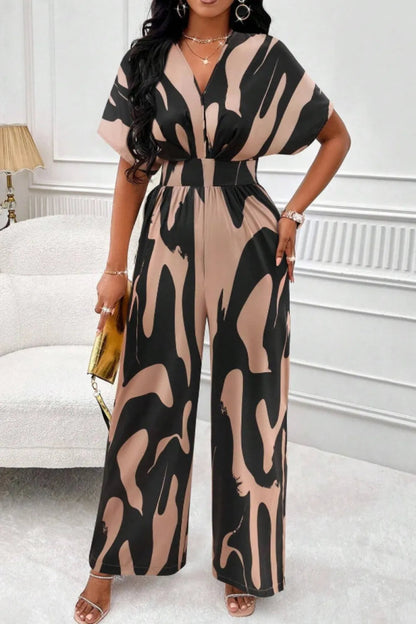 Printed V-Neck Short Sleeve Wide Leg Jumpsuit-Nordavory