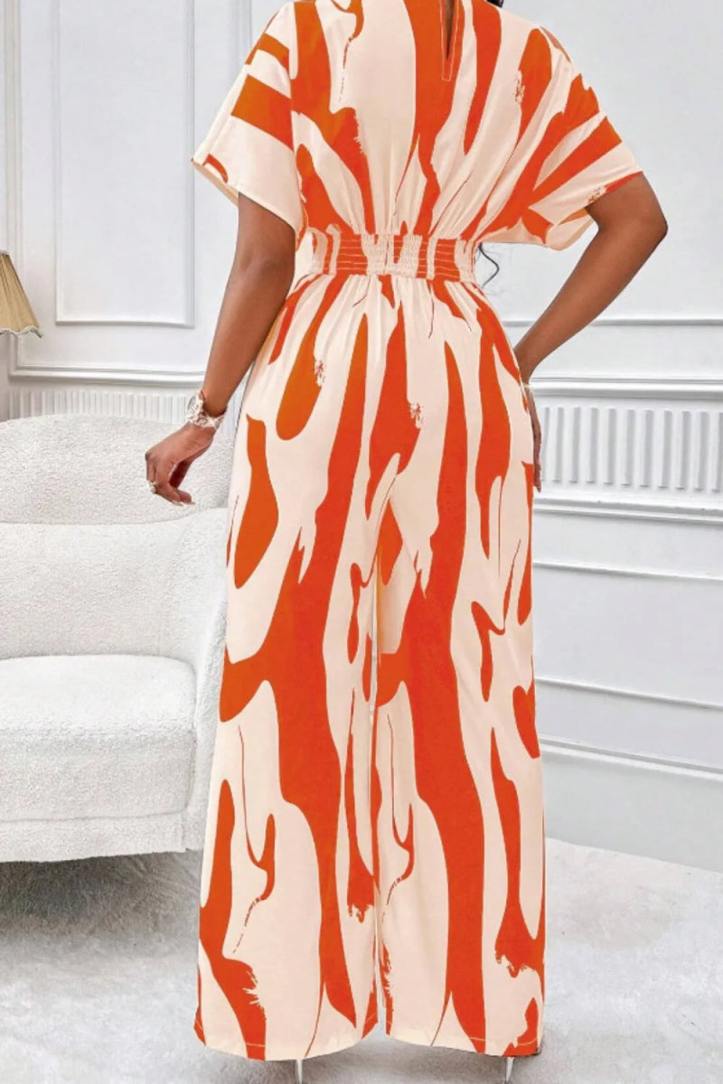 Printed V-Neck Short Sleeve Wide Leg Jumpsuit-Nordavory