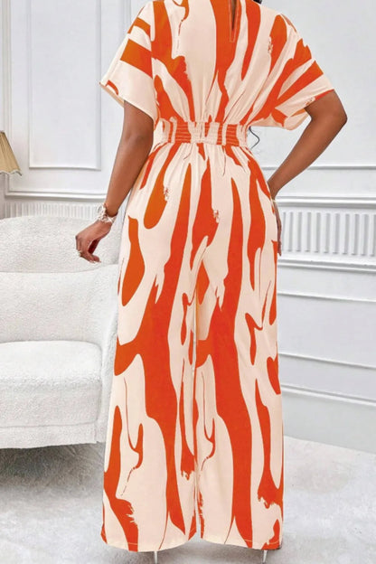 Printed V-Neck Short Sleeve Wide Leg Jumpsuit-Nordavory