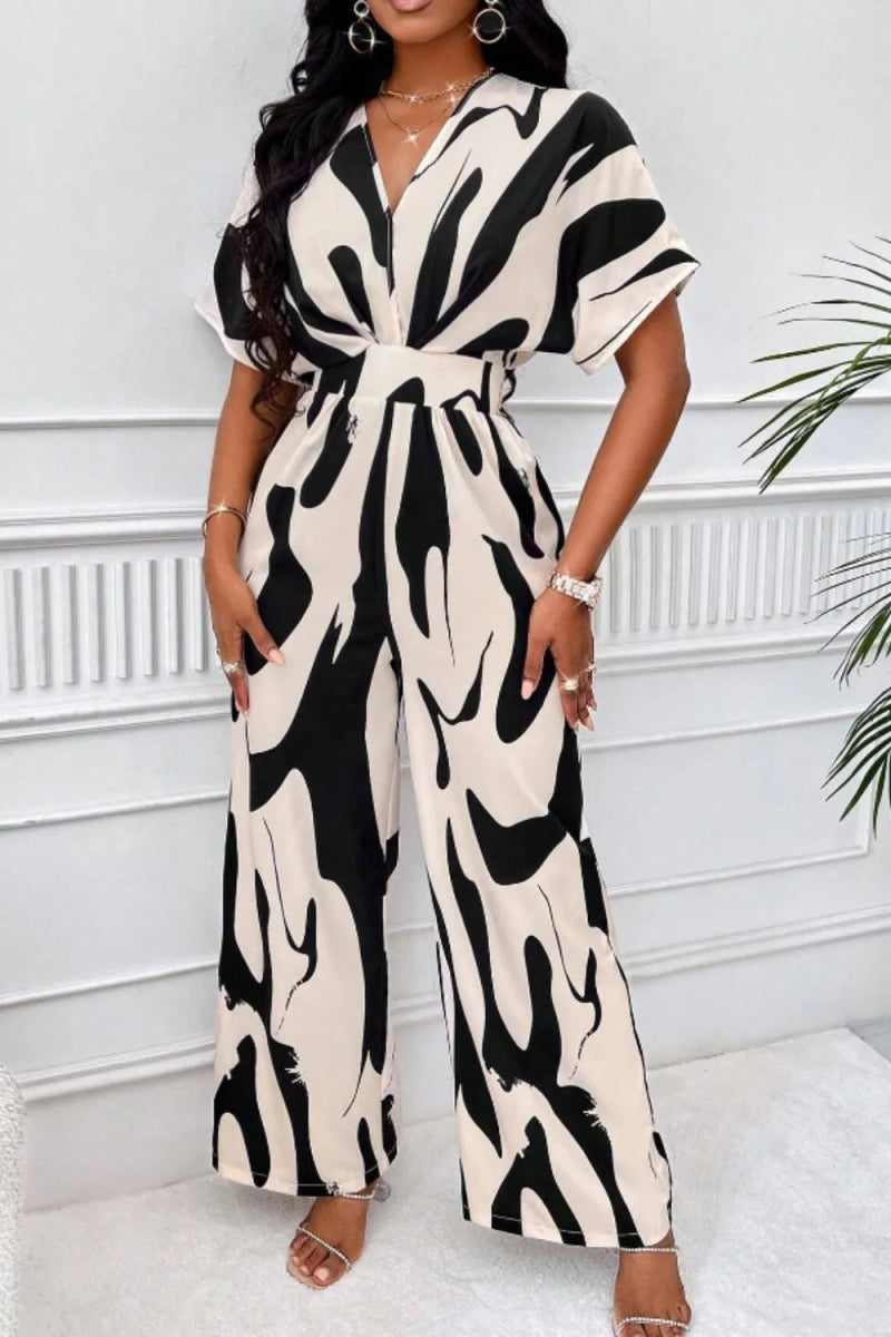 Printed V-Neck Short Sleeve Wide Leg Jumpsuit-Nordavory