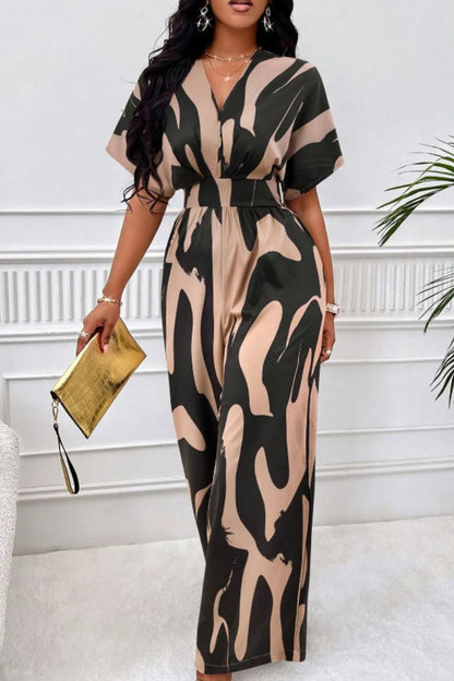 Printed V-Neck Short Sleeve Wide Leg Jumpsuit-Nordavory