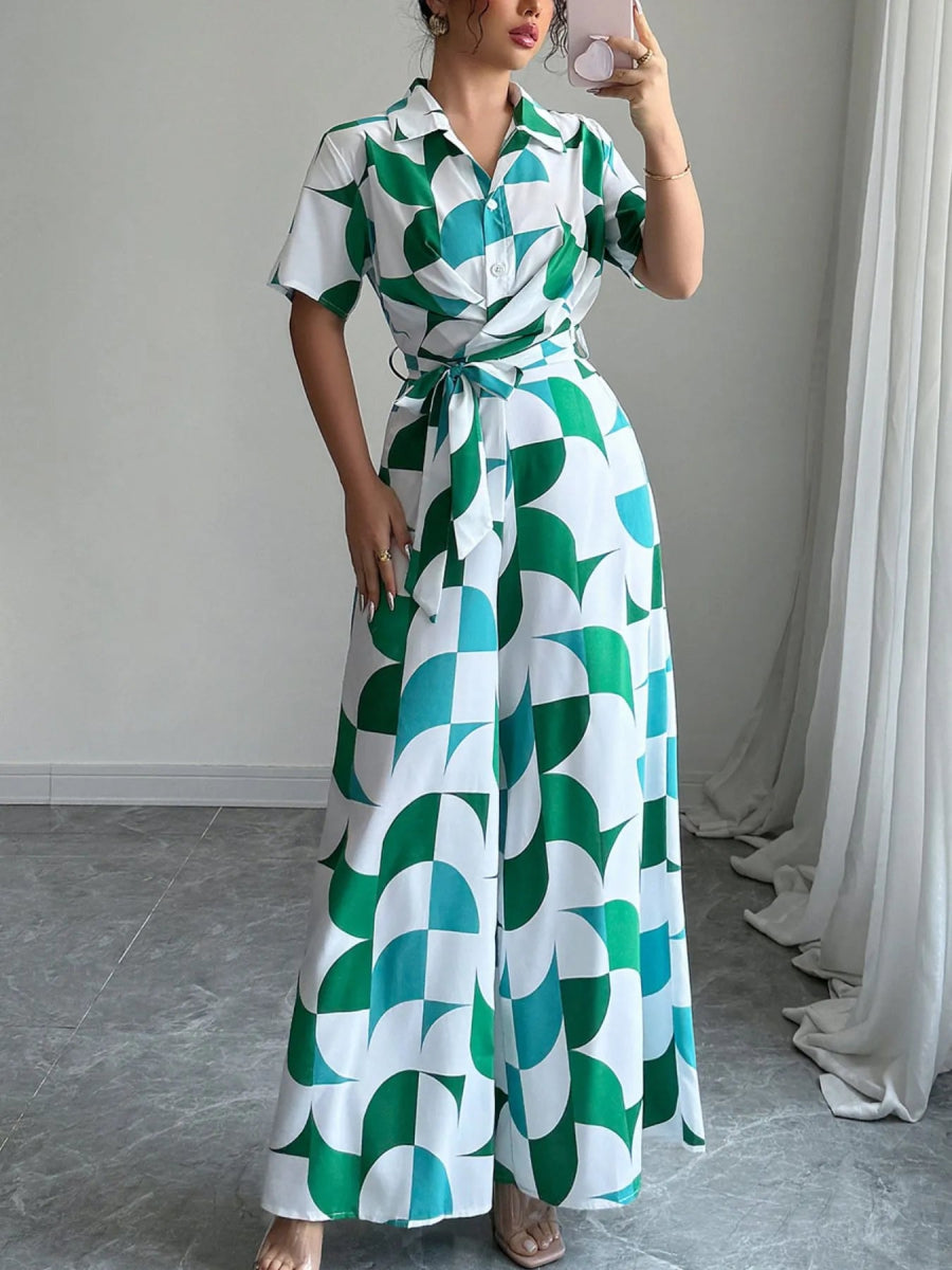 Printed Wide Leg Belted Jumpsuit-Nordavory