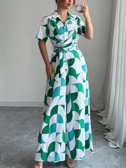 Printed Wide Leg Belted Jumpsuit-Nordavory