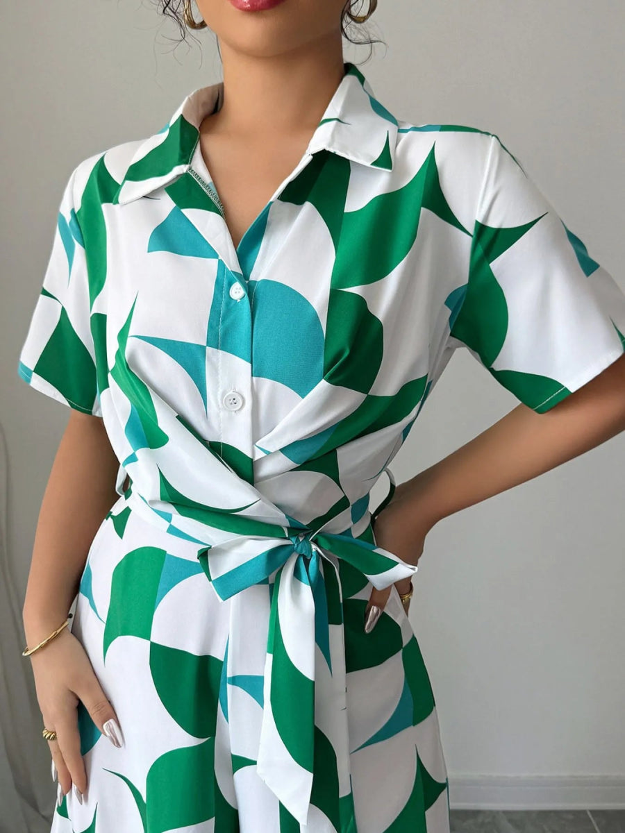 Printed Wide Leg Belted Jumpsuit-Nordavory