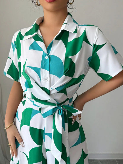 Printed Wide Leg Belted Jumpsuit-Nordavory