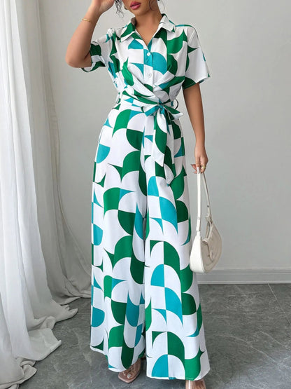Printed Wide Leg Belted Jumpsuit-Nordavory