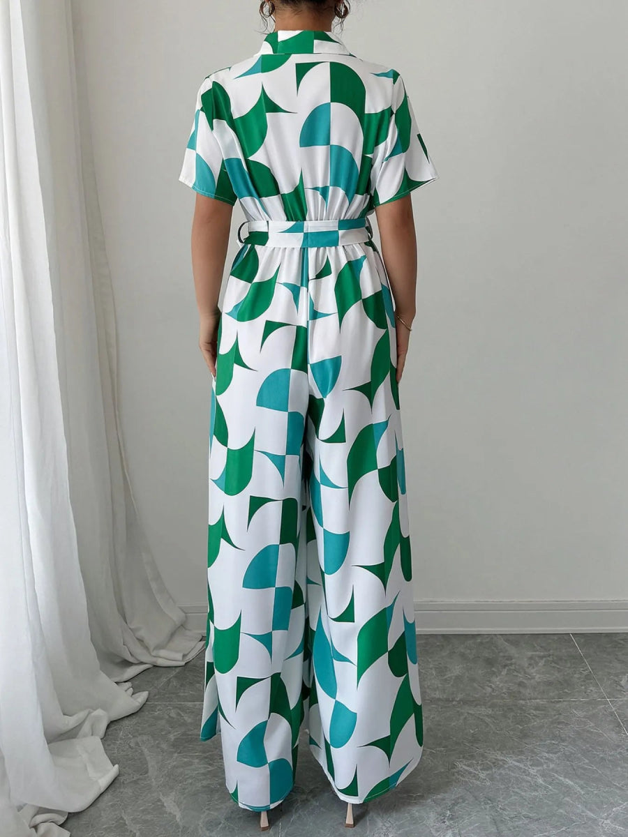 Printed Wide Leg Belted Jumpsuit-Nordavory