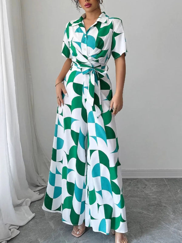 Printed Wide Leg Belted Jumpsuit-Nordavory