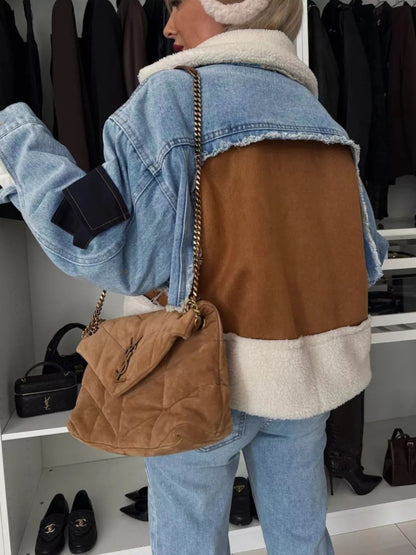 Raw Hem Sherpa Lined Denim Jacket-Nordavory