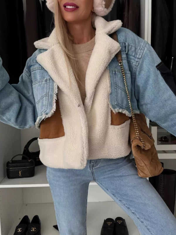Raw Hem Sherpa Lined Denim Jacket-Nordavory