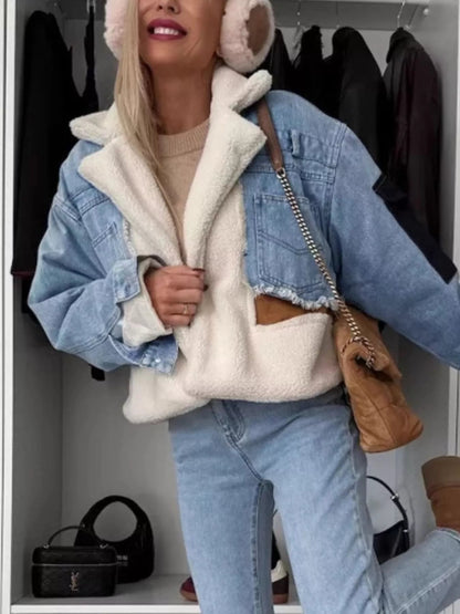 Raw Hem Sherpa Lined Denim Jacket-Nordavory