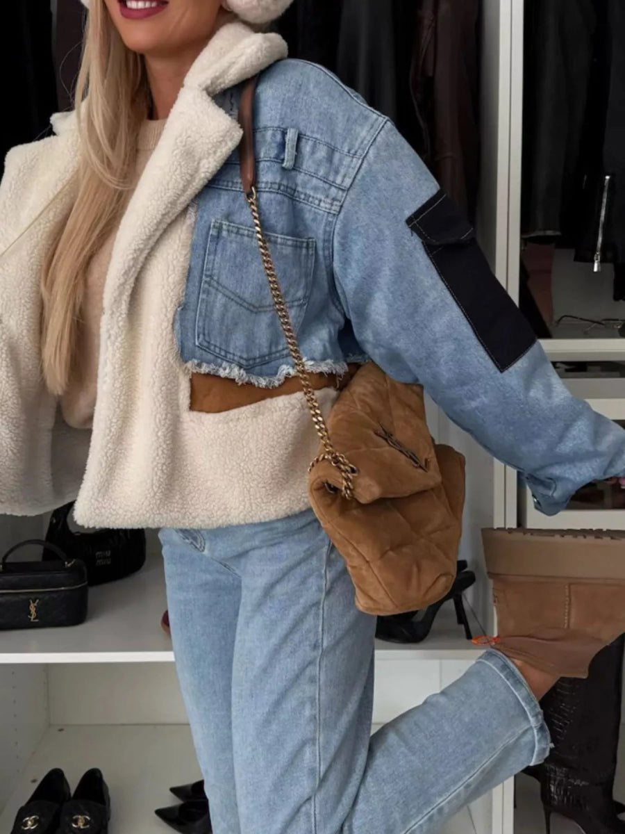 Raw Hem Sherpa Lined Denim Jacket-Nordavory