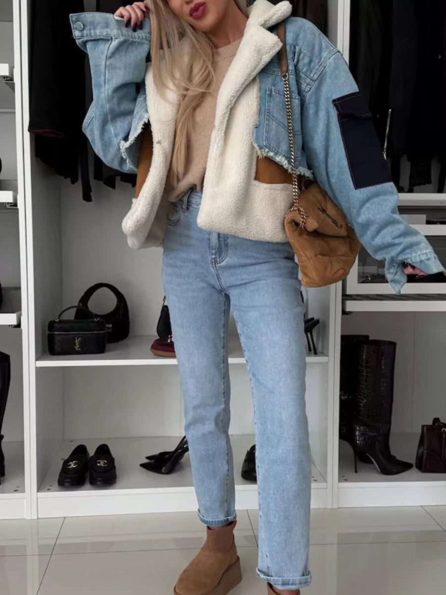 Raw Hem Sherpa Lined Denim Jacket-Nordavory