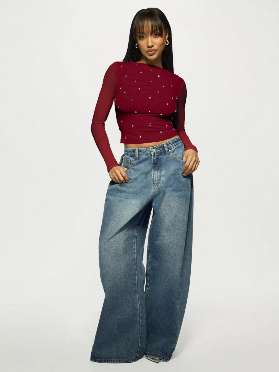 Rhinestone Embellished Long Sleeve T-Shirt-Nordavory