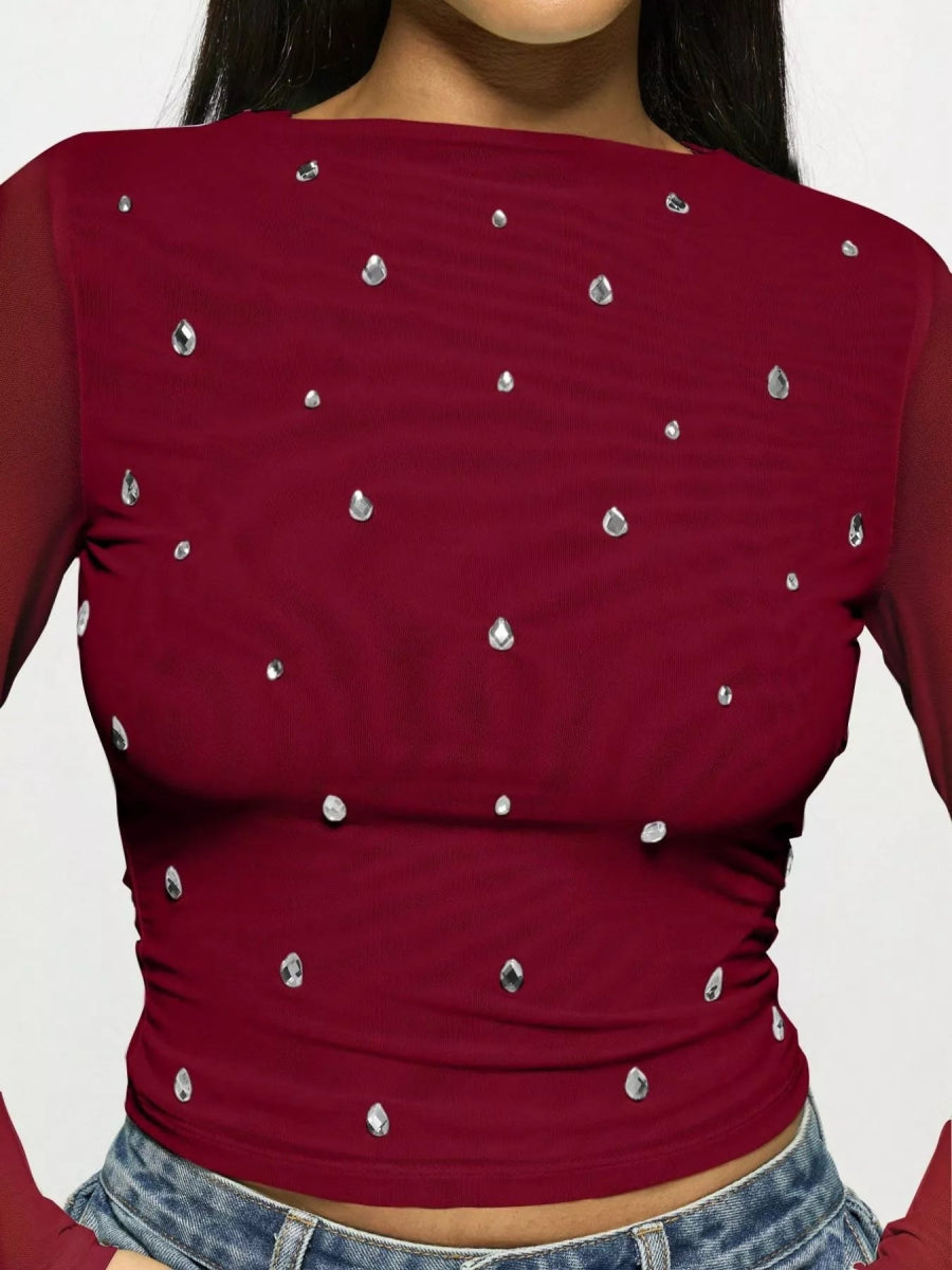 Rhinestone Embellished Long Sleeve T-Shirt-Nordavory