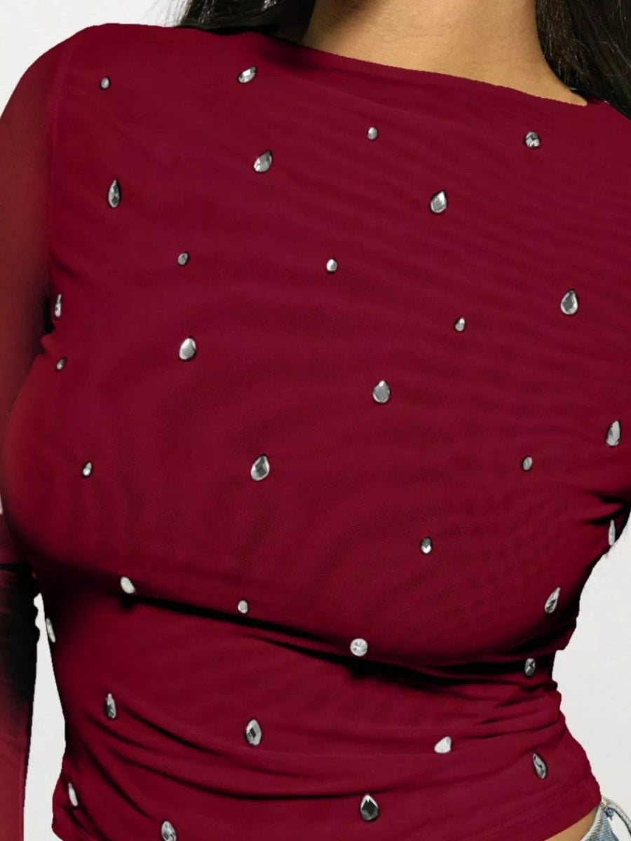 Rhinestone Embellished Long Sleeve T-Shirt-Nordavory