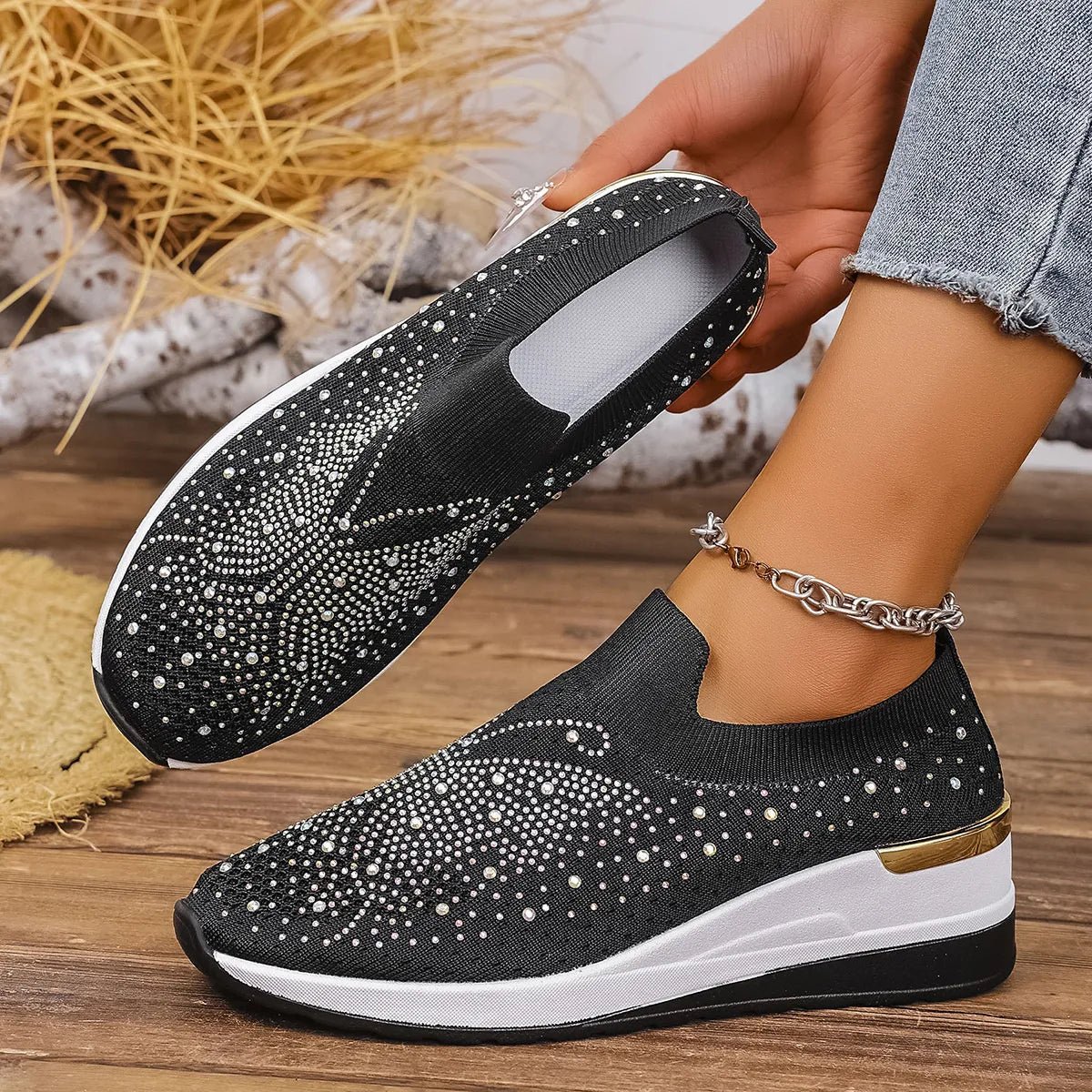 Rhinestone Wedge Sneakers-Nordavory