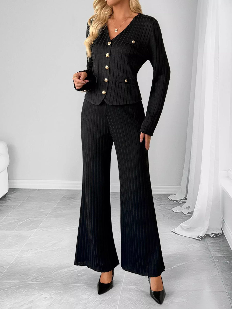 Ribbed Knit Cardigan & Wide Leg Pants Set-Nordavory