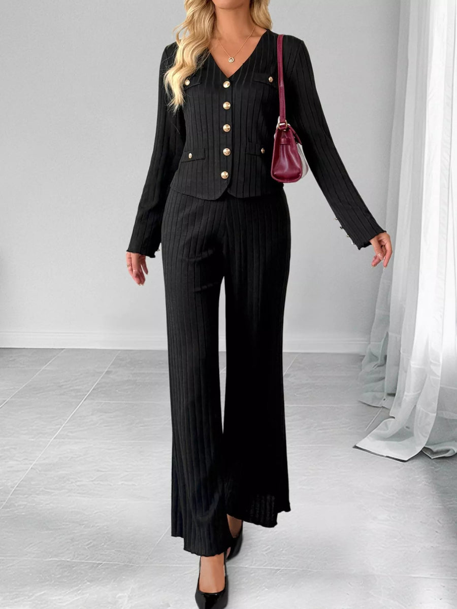 Ribbed Knit Cardigan & Wide Leg Pants Set-Nordavory