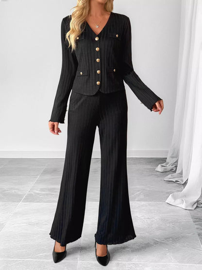 Ribbed Knit Cardigan & Wide Leg Pants Set-Nordavory