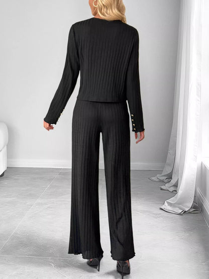 Ribbed Knit Cardigan & Wide Leg Pants Set-Nordavory