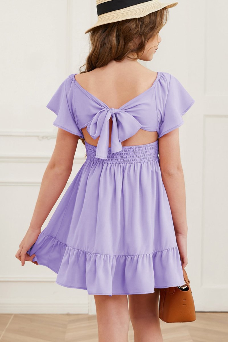 Ruffle Hem Tie-Back Flutter Sleeve Dress-Nordavory