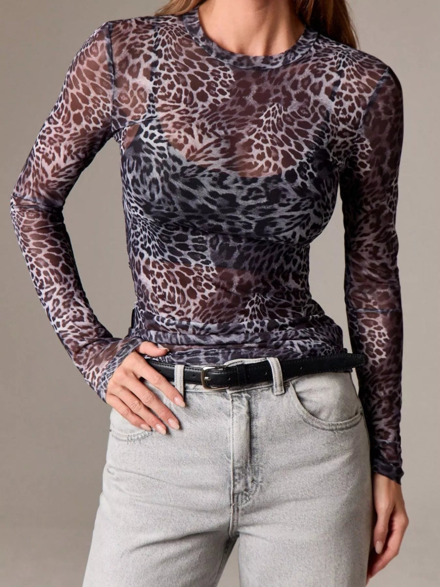 Sheer Leopard Print Long Sleeve Top-Nordavory