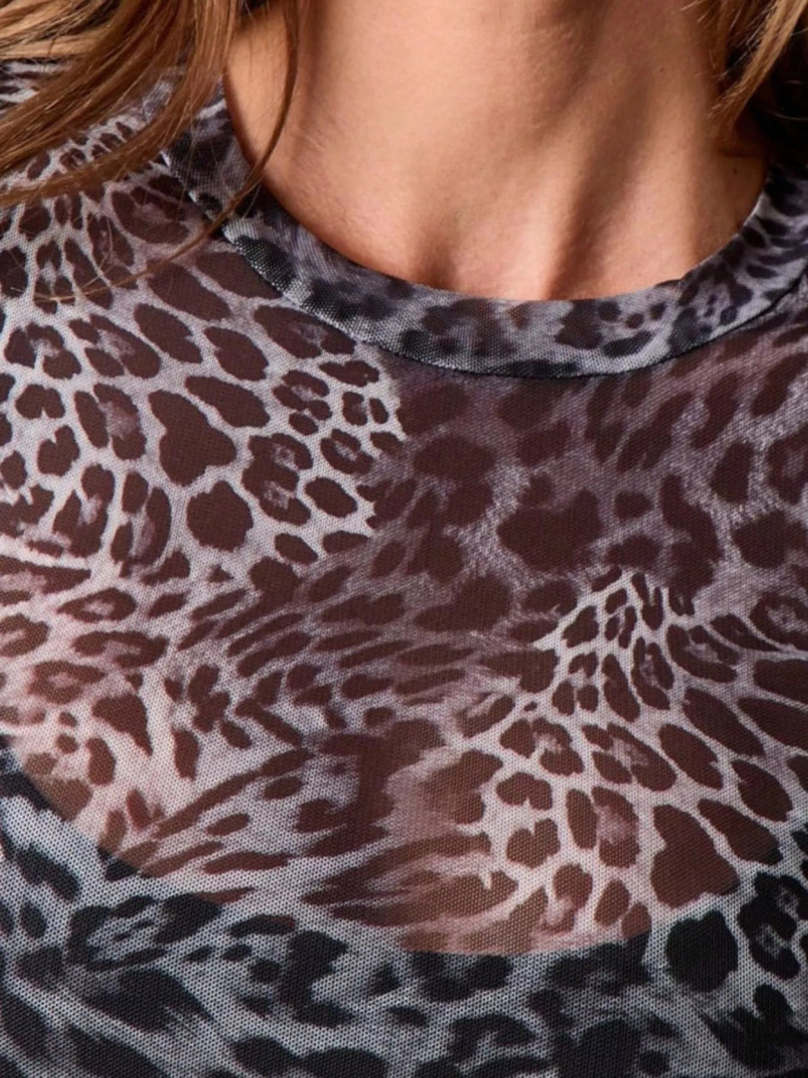 Sheer Leopard Print Long Sleeve Top-Nordavory