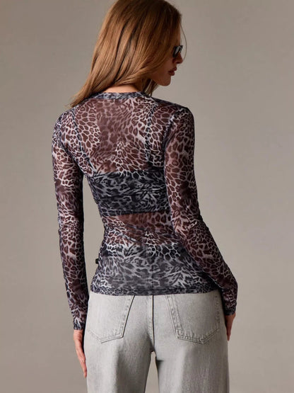 Sheer Leopard Print Long Sleeve Top-Nordavory