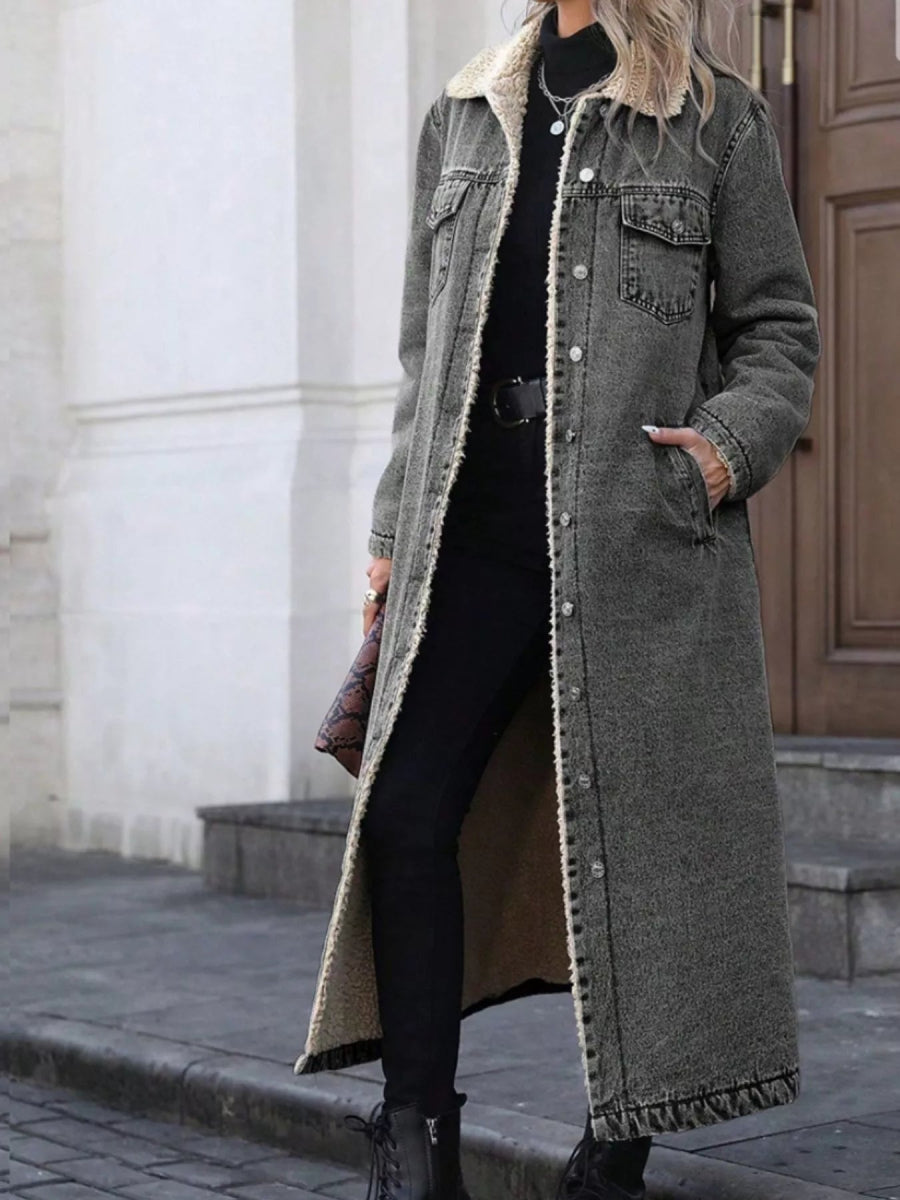 Sherpa Lined Longline Denim Jacket-Nordavory